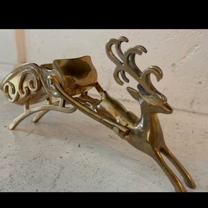 Vintage Brass Reindeer w/ Sleigh tea light candle holder